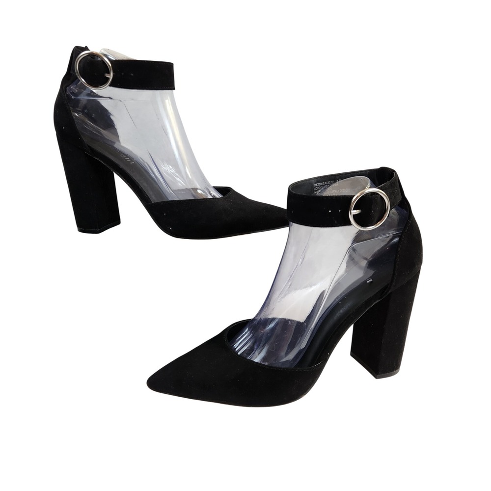 Madden Girl Womens Black Suede Pointed Toe Ankle Strap Block Heels Shoes 9.5M